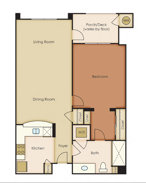 Floor plan for 1 bed, 1 bath, 760 sqft